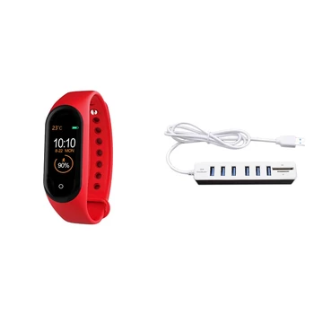 

M4 Smart Band Wristband Red & USB Hub 2.0 Multi USB Splitter 2.0 USB Hub 6 Ports Hab Mini TF/SD Card Reader