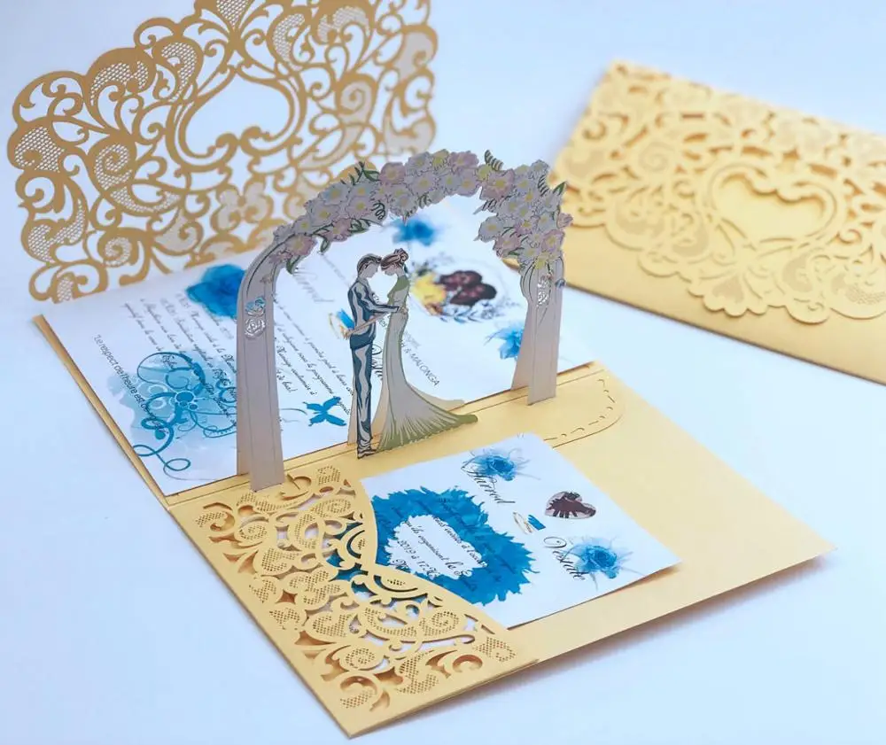 1x 3D POP UP Wedding Invitation Greeting Card gold gray tri 3 Fold Pocket Laser cut With Envelope