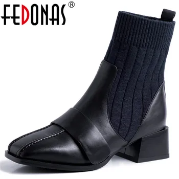 

FEDONAS New Genuine Leather Knitting Women Ankle Boots Basic Dancing Shoes Woman Winter Warm Chelsea Boots Punk Rome Short Boots