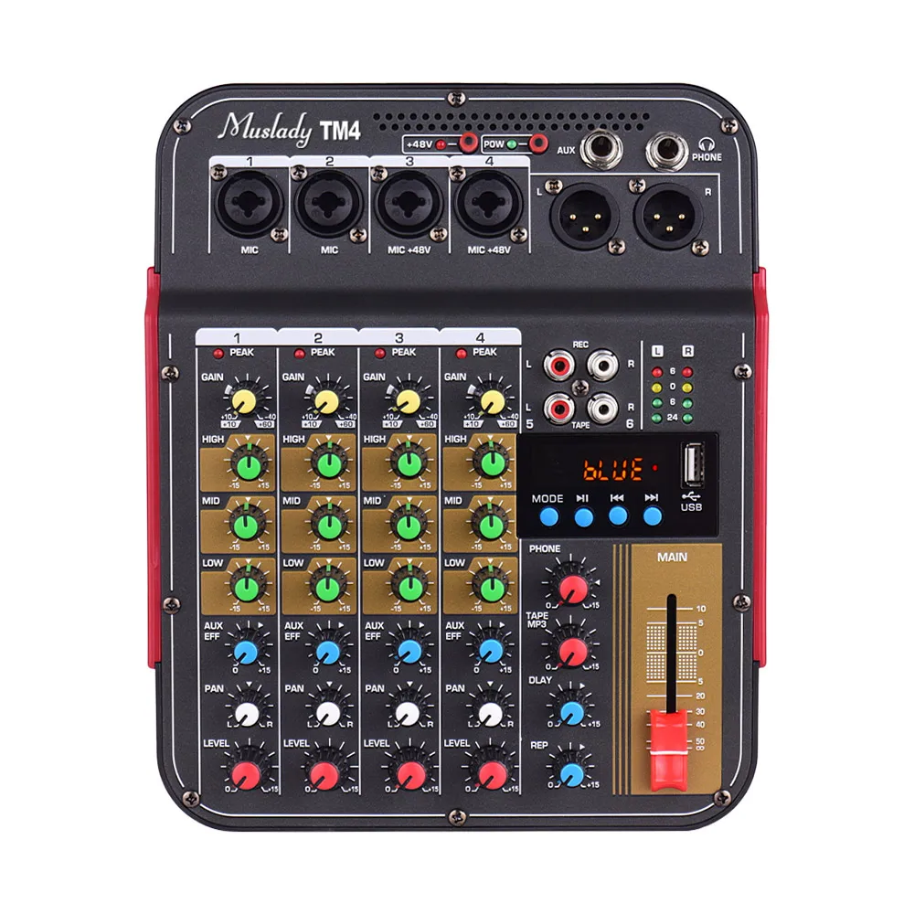 Muslady TM4 цифровой 4-канальный аудио смеситель микшерный пульт встроенный 48V Phantom Мощность с BT Функция миксер аудио миди клавиатуры