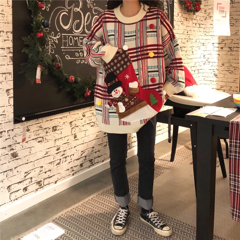 Новинка, зимний женский длинный Рождественский свитер, пуловер, Свободный вязаный свитер с длинным рукавом и круглым вырезом, хорошее качество, уродливый свитер C99408K