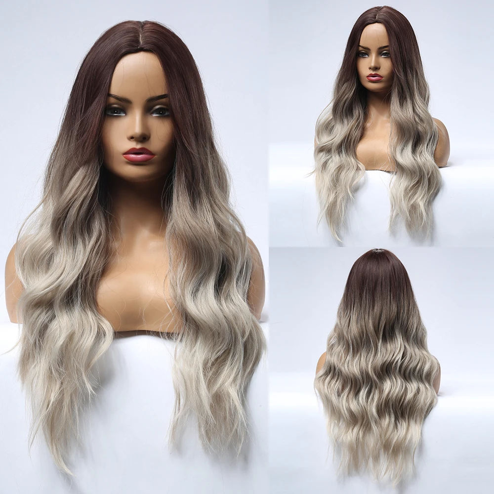 Element Synthetic Dark Root Light Brown Ombre Grey Long Wavy Hair Wigs Center Part Cosplay Costume Wig for White Black Women 2 Element Synthetic Dark Root Light Brown Ombre Grey Long Wavy Hair Wigs Center Part Cosplay Costume Wig for White Black Women 2