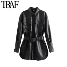 TRAF-Chaqueta de piel sintética con cinturón para mujer, abrigo de manga larga con bolsillos y aberturas laterales, prendas de vestir exteriores de PU, Tops elegantes