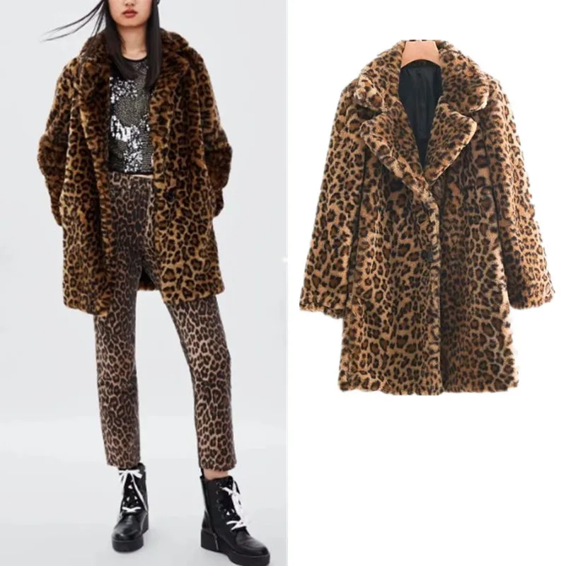 

2018 New Style Long Sleeve Fold-down Collar Leopord Pattern Printed Button Closed Coat Western Style Mid-length Loose-Fit Overco
