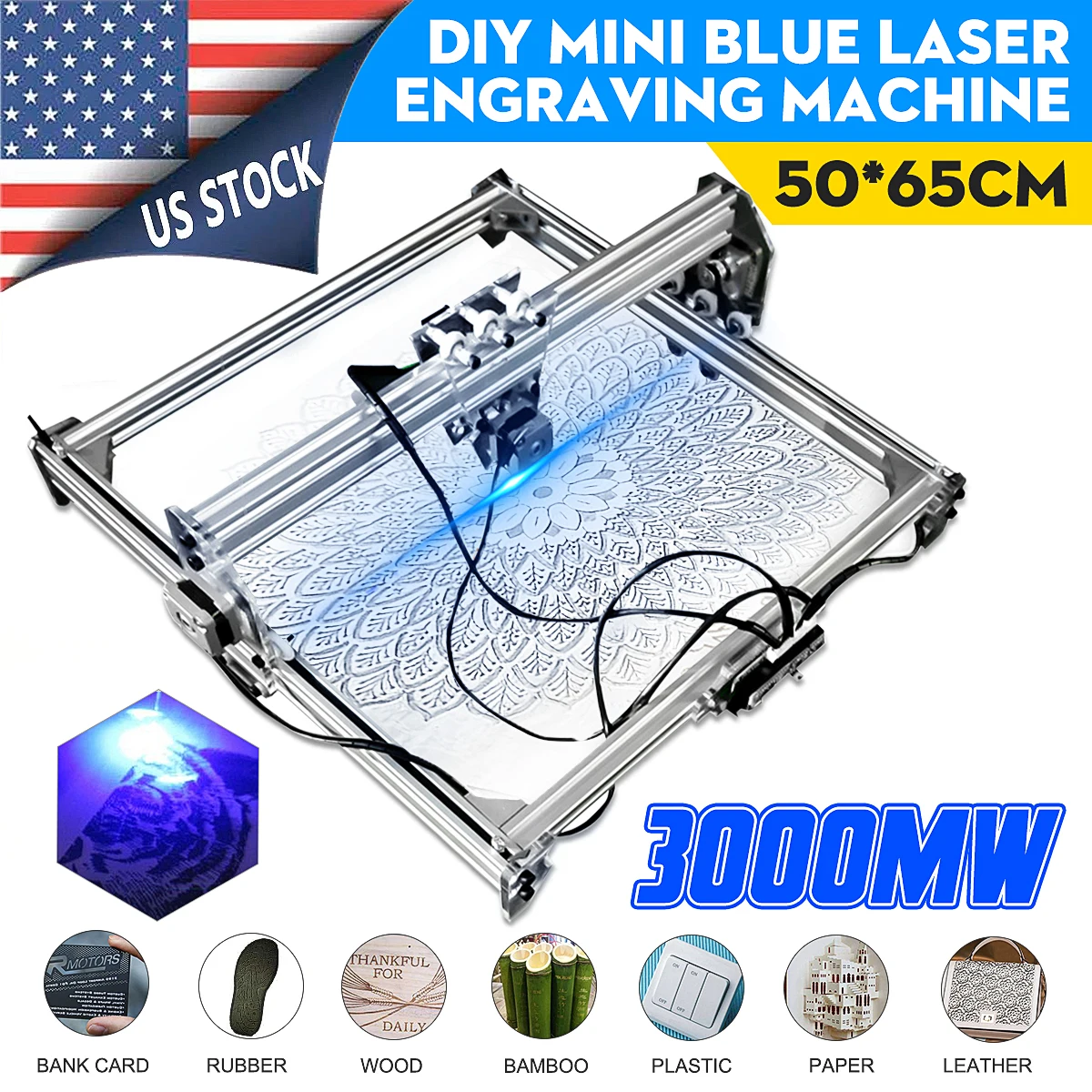 50*65cm Mini 3000MW bleu Laser gravure graveur Machine DC 12V bricolage bureau bois Cutter/imprimante/puissance réglable + Laser ► Photo 2/6