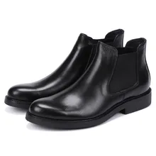 Black Genuine Leather Men Martin Boots Slip-On Round Toe Chelsea Boots Genuine Leather Breathable Ankle Boots Shoes