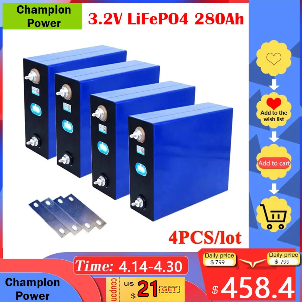 Pack de batteries Lifepo4 3.2V 280Ah, 4 pièces, Lithium fer Phosphate, pour alimentation de cellules solaires, voiture électrique, chargeur