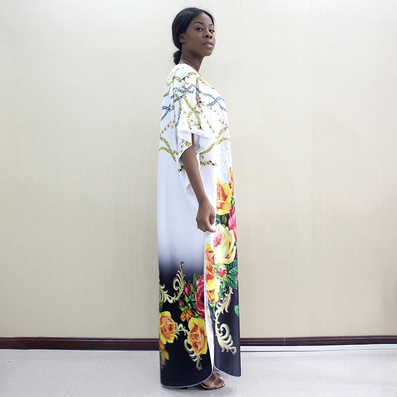 Новейший модный дизайн Африканский Дашики o-образным вырезом цветок и ювелирный узор напечатанный полиэстер рукав летучая мышь повседневное благородное длинное платье