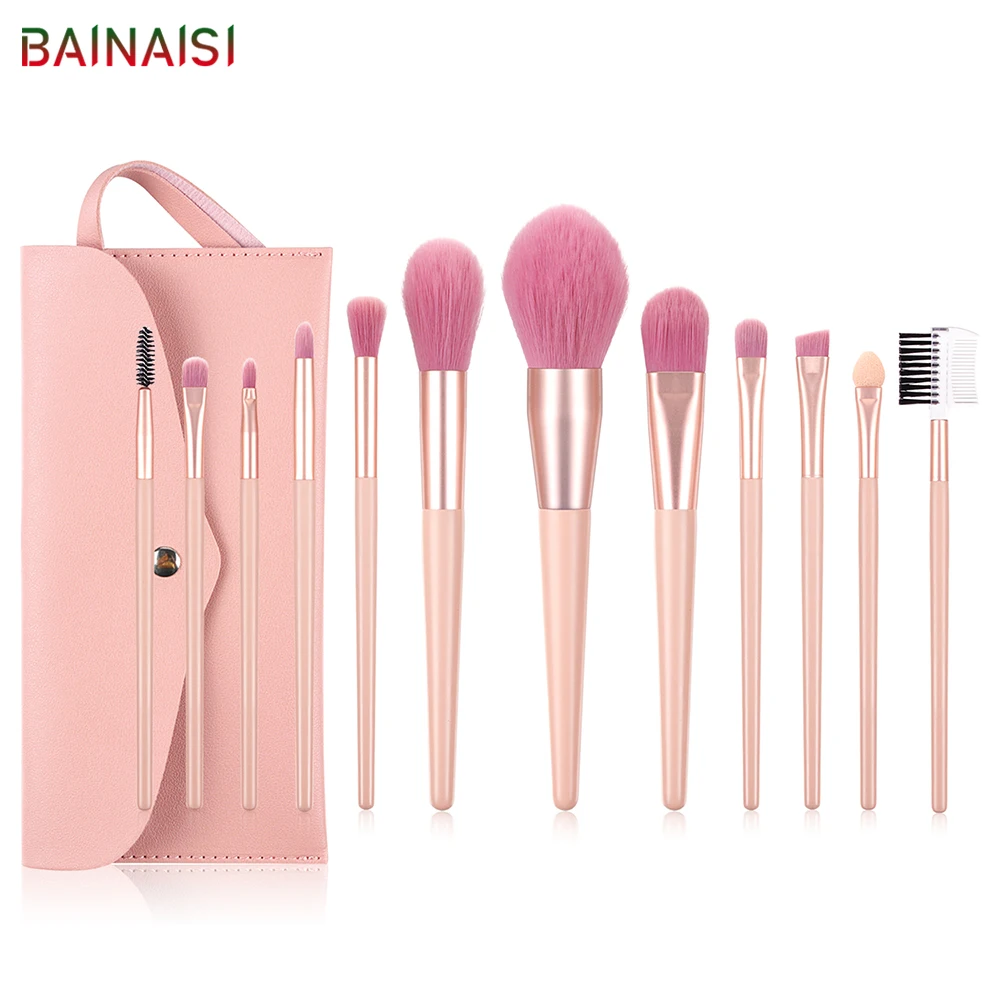 

BAINAISI 7/12Pcs Neon Pink Makeup Brushes Soft Synthetic Hair Powder Blush Foundation eye Blending Contour Makeup Brushes Set