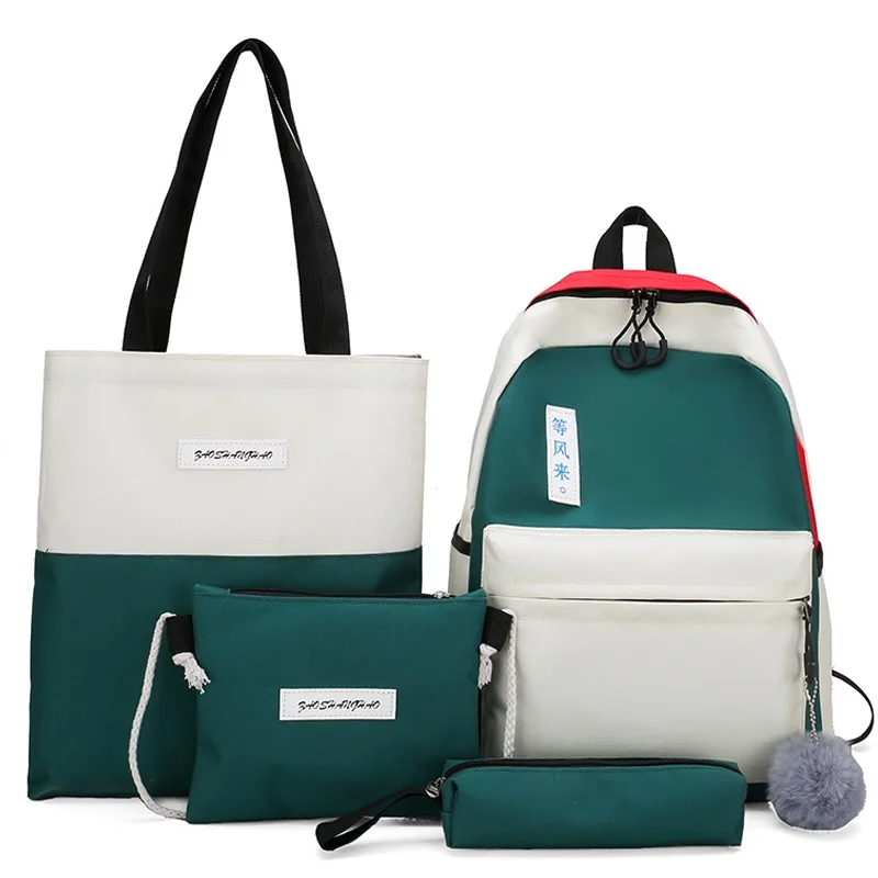 

Canvas Panelled Large Capacity Shoulder Bags Women 4pcs/set Patchwork Backpack School Bags For Teenage Purse Girls Pencil Case