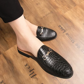 

Brand Men Slippers Male Leather Flip Flops Rhinestone Vintage Shoes Snake Print Casual Beach Embroidery Shoes Non-slide Zapatos
