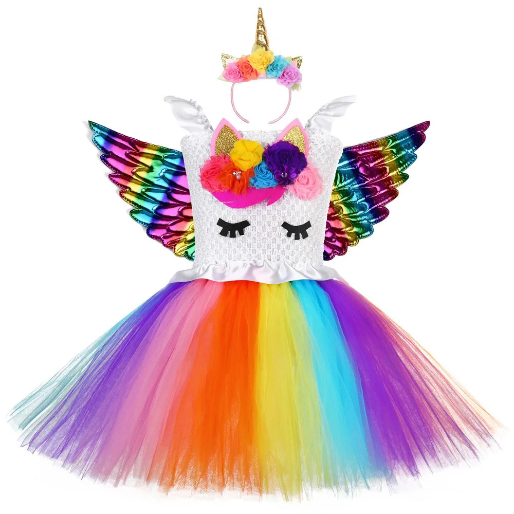 

Kids Unicorn Party Dress for Girls Pastel Lol Girl Costume Knee Length Flower Pony Pattern Unicorn Toddler Dress with Angel Wing