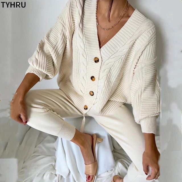 TYHRU Women Knitting 2-pieces sweater Suit Hemp Flower V-neck Single-Breasted cardigan + Pants lady winter sweater Set 1