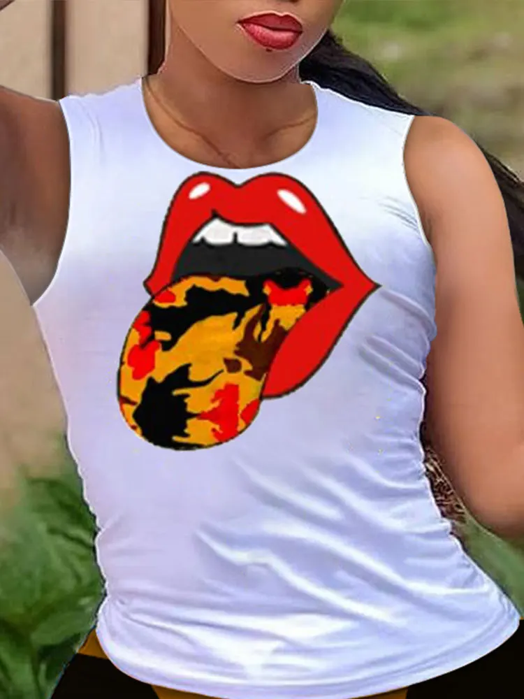 2022 Summer Women Casual Two Piece Round Neck Suit Sets Lip Print Sleeveless Top & Drawstring Colorblock Shorts Set For Daily