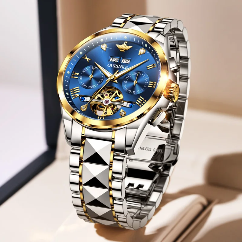 OUPINKE Men Automatic Watch Sapphire Crystal Luxury Mechanical Wristwatch Waterproof Tungsten Steel Watch Men relogio masculino