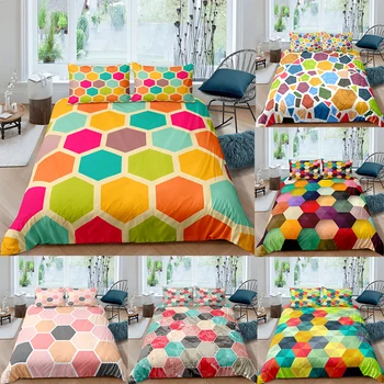

3D Bedding Set Quilt Sets Creativity Colorful Hexagon Splicing Pattern Bed Cover High quality Duvet Cover Pillowcases King Size