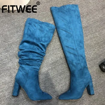 

FITWEE New Fashion Mid Calf Boots Pointed Toe Thick High Heel Snakeskin Slip On Shoes Winter Party Female Footwear Size 34-45