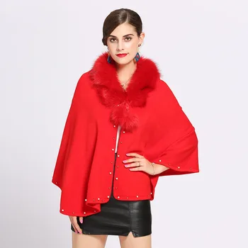 

SWONCO Winter Cape Women Cloak Loose 2019 New Shawl Imitation Fox Fur Collar Cashmere Caoe Scarf Poncho Mujer Black Cloak Women