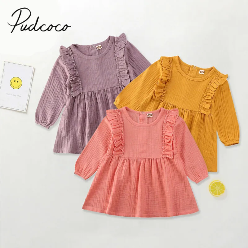 Весенне-осенняя одежда для малышей хлопковое платье с оборками для маленьких девочек вечерние платья принцессы однотонная одежда с длинными рукавами