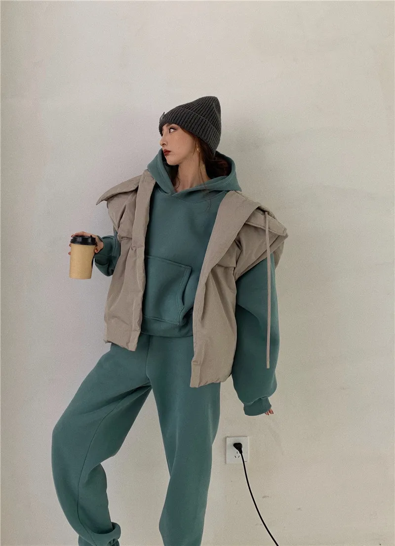 2022 Spring Women Hoodies Sweatshirt Tracksuit Fleece Cotton 2 Pieces Sets Female Pants Suits green pant suit