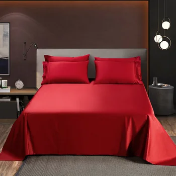 

1pc Luxury 100% Plush Cotton Red High Quality Silk Flat Sheet Solid Color King Bed Sheets for Women Men Bedroom