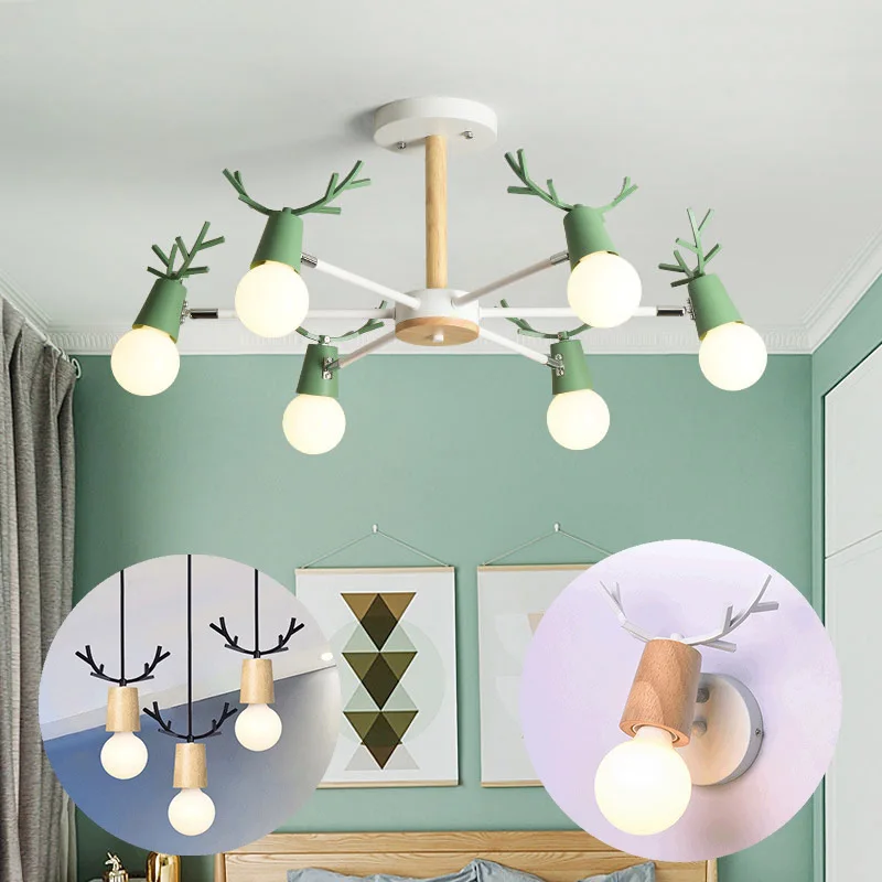 Contracted Macaron Chandelier Nordic Modern Solid Wood Deer Head Light Living Room Bedroom Creative Personality Hanging | Освещение