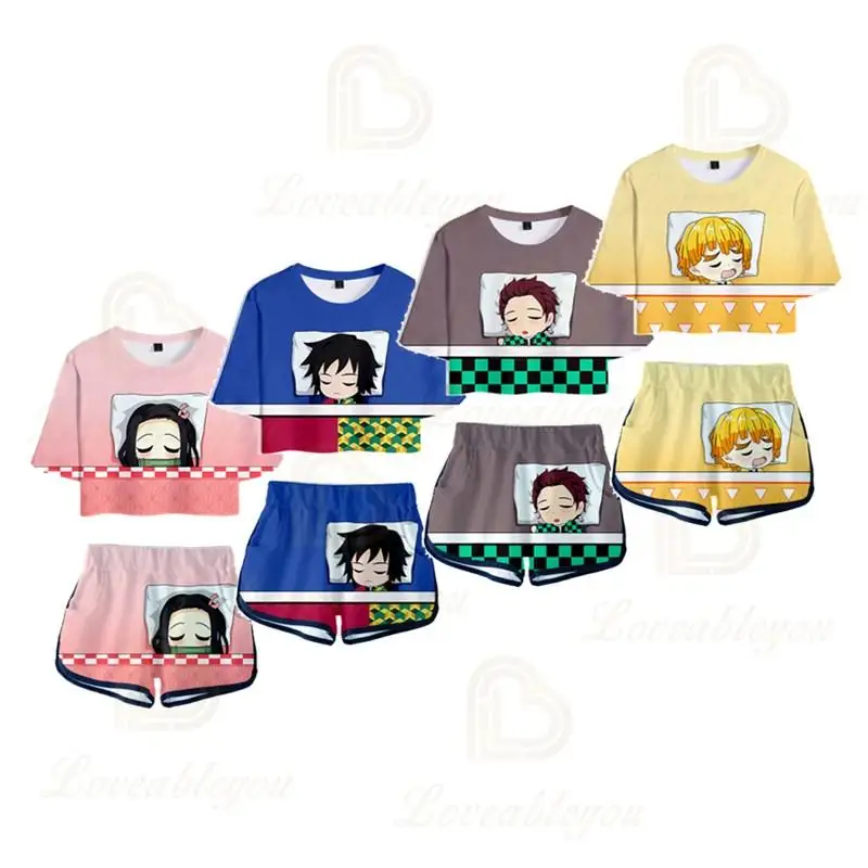 

2020 Summer Cropped T-shirt Shorts Set Female Cartoon Demon Slayer 3D Print Short-sleeved Cropped Two-Piece Set Female