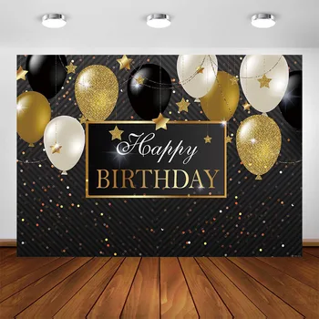 

Happy Birthday Party Backdrop Black Gold Balloon Golden Little Star Birthday Decorations Photo Background Photography Photocall