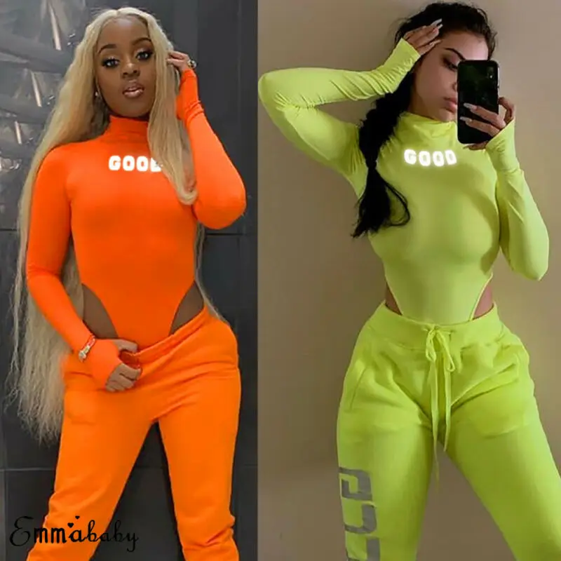 

Sexy Womens Long Sleeves Jumpsuit Turtle Neck Neon Green Slim Bodysuit Fashion Autumn Rompers Tops