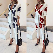 Autumn Winter 2021 New Pants Suit Women Two Piece Blazer and Pant Set Single Button OL Formal Suit Notch Neck Print Suits