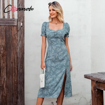 

Conmoto Women Vintage Print Square Collar Long Dress Summer Casual Puff Sleeve Party Maxi Dress Ladies Elegant Slim Split Dress