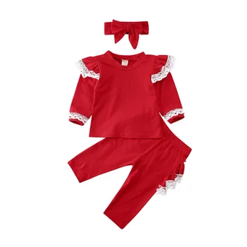 

Free Shipping Baby Girl 2Pcs Clothes Set Autumn Winter Spring Long Sleeve Cotton Lace Ruffle Top Pants Headband Outfit