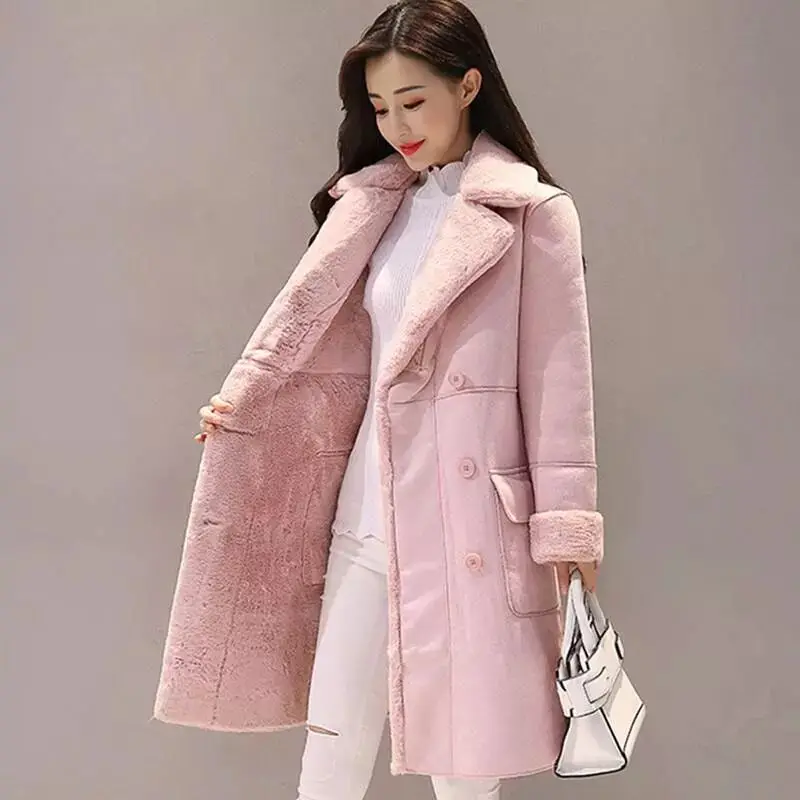Модное женское замшевое меховое зимнее пальто, модная Толстая длинная куртка из искусственной овчины, пальто для женщин, однотонный теплый Тренч