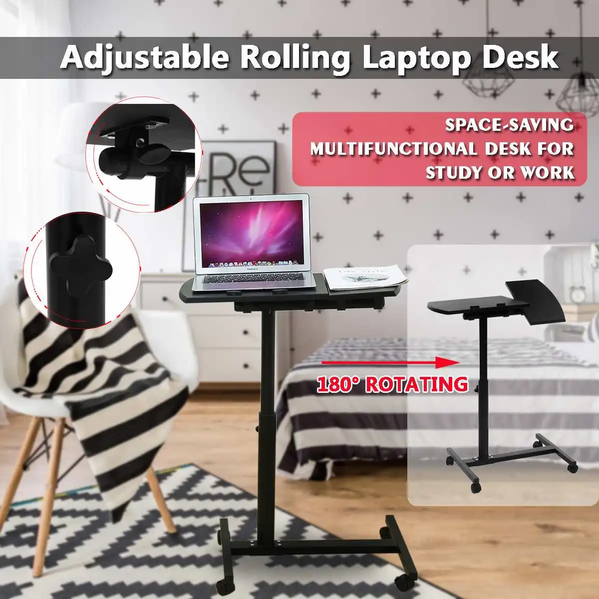 Laptop Stand Rolling Cart Desk Adjustable Height Computertable