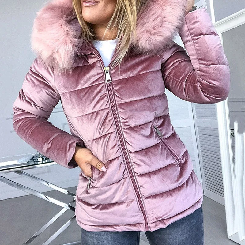 Зимняя бархатная куртка, пальто, женские куртки с хлопковой подкладкой серого и розового цвета размера плюс 4XL с меховым капюшоном-воротником, толстая модная базовая зимняя верхняя одежда