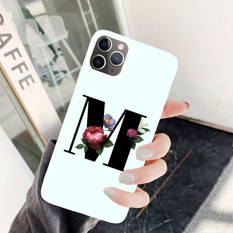 TPU Белый мягкий чехол из ТПУ с надписью Monogram A J K Q Алфавит цветы для iPhone 11 11PRO MAX X 6S Plus 7 Plus XR MAX цветочный чехол - Цвет: TPU