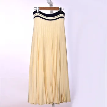 

20 Summer Temperament Lady Stripes Solid Color Simple Pleated Knitting Half Body Skirt Female 91122