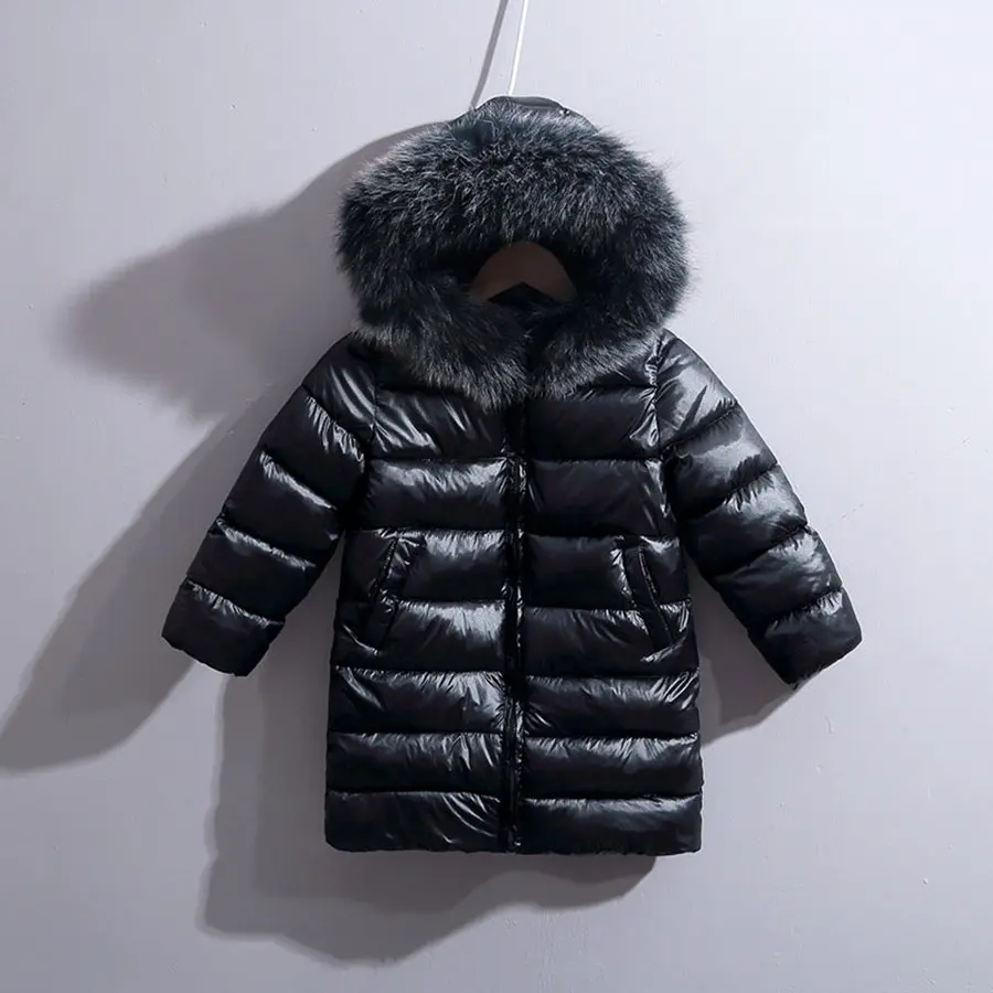 Уличная черная стеганая куртка для девочек, От 3 до 11 лет, шикарная верхняя одежда с искусственным мехом, Модное детское однотонное длинное пальто с капюшоном для мальчиков