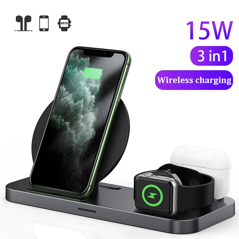 

15W Fast Charge 3 in 1 Wireless Charger for iPhone 11 Pro X XS Max XR for Apple Watch 5 4 3 2 for AirPods Pro 2 1 Charger Dock