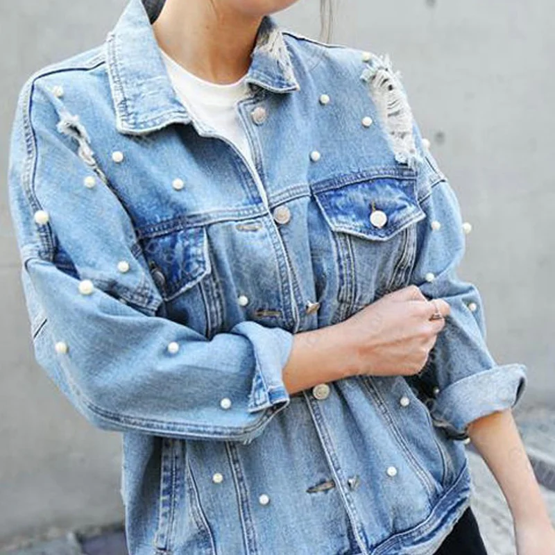 Pearls Beading Ripped Denim Jacket Women Vintage Single Breasted Long Sleeve Jean Jackets and Coats Plus Size Spring Fall