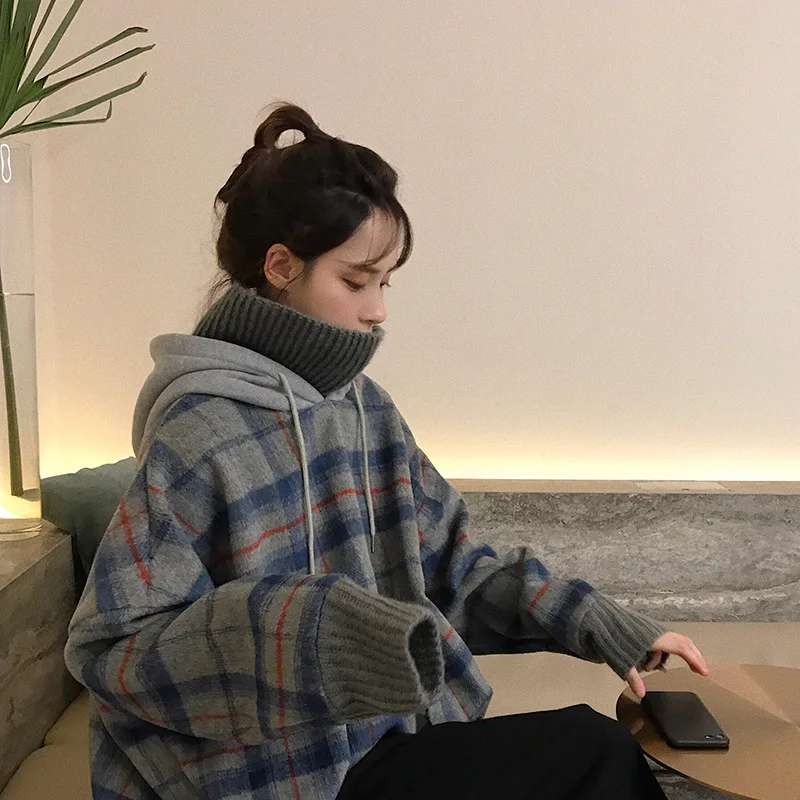 

2019 Fake Two-Piece Joint Plaid High Collar Hooded Thick Pullover Hoody Women's Autumn New Style Korean-style Loose-Fit Long Sle