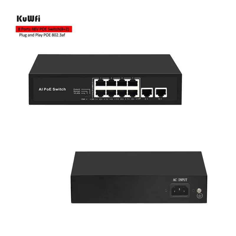 

KuWFi 8Ports Switch 48V IEEE 802.3 af/at Ethernet Switch Suitable for IP camera/Wireless AP/POE camera