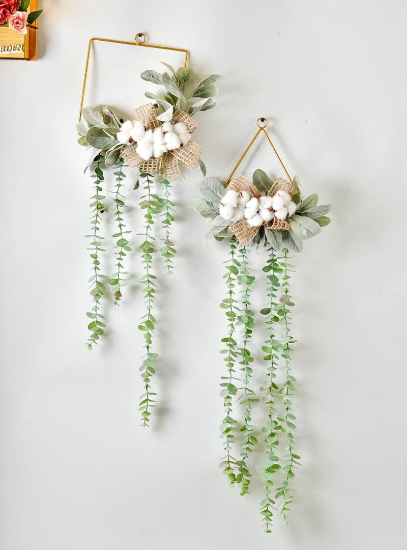 JAROWN European Style Geometry Metal Cotton Flower Garland Hemp Rope Home Wall Decoration Furnishing Artificial Plant Hanging Ring (3)
