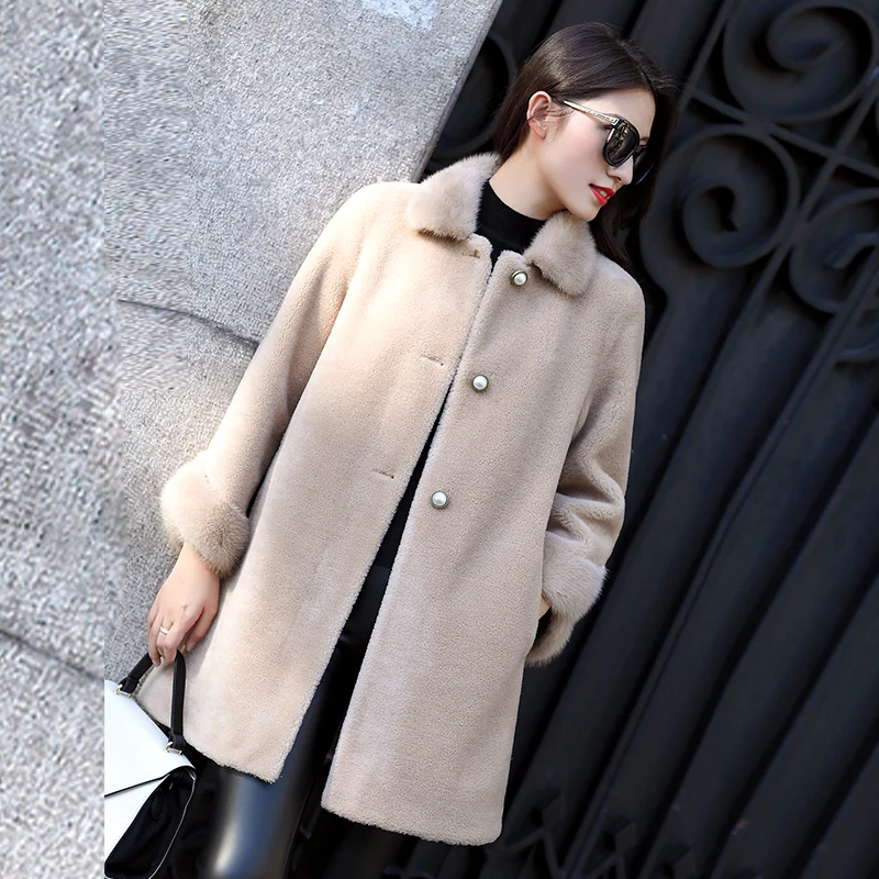 

Natural Sheep Shearling Fur Coat Female Fox Fur Collar Real Wool Coats 2020 Winter Jacket Women Korean Long Coats MY3686