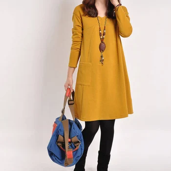 

Pop Women Dresses With Pocket Solid Color Long Sleeve V Neck Loose Casual Autumn Winter Dress Plus Size Pop 88