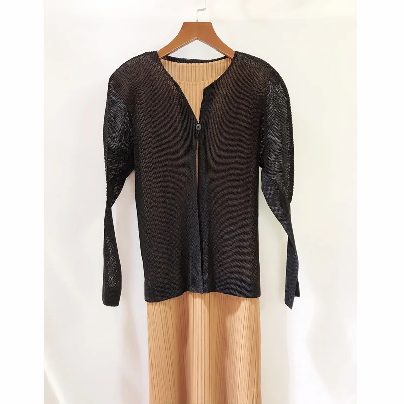 Miyake folds PP series bat long sleeves one button coat mesh cardigan free shipping