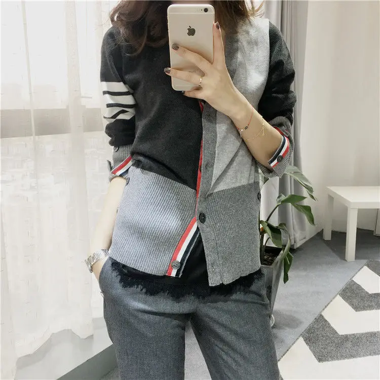 

Fall 2020 new cardigan 4-bar color matching sweater jacket female stripe long sleeve sweater