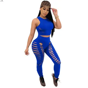 

2020 Tracksuit Women Set Summer Hole Top+pants Suit Two Piece Set Night Club Party Outfits Sporty Casual Streetwear Sweatsuit