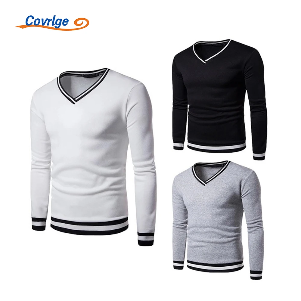 

Covrlge Men's Sweater Light Business Casual, Breathable Comfortable V-neck Long-sleeved Pullover Stitching Striped Top MWW303
