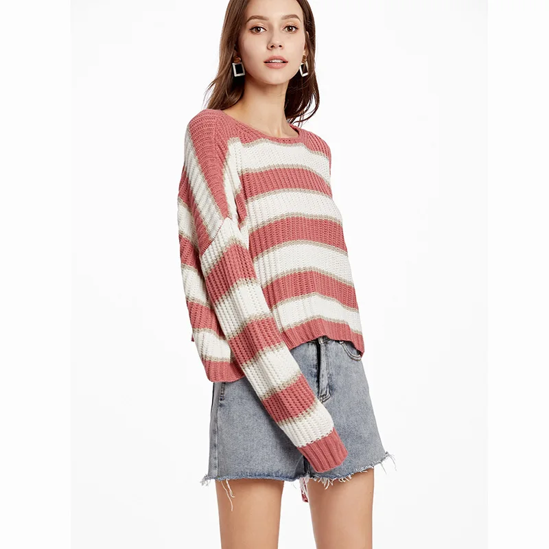 

Short Striped Sweater Women Pullovers Batwing Sleeve Loose O-neck Tops 2019 Autumn All-match knitted Sweaters Female Clothing